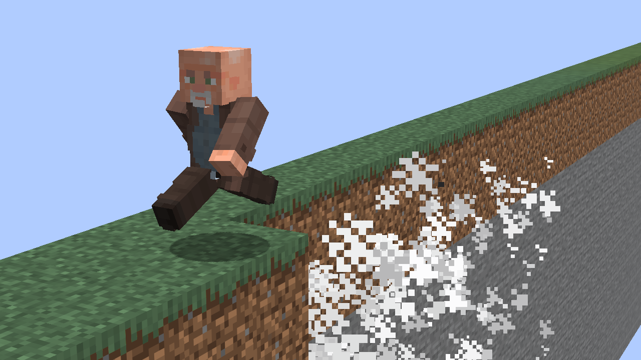 A Minecraft player runs along a narrow grassy platform suspended above a deep vertical drop. The platform’s exposed sides reveal layers of dirt and stone, while a trail of white particles erupts from behind and below the player, suggesting the ground is being destroyed as the player walks. The scene is set against a clear light-blue sky.