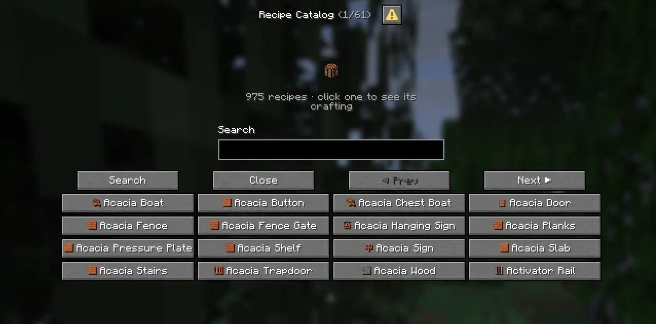JustEnoughPaper recipe catalog displayed in a native Minecraft Paper dialog showing a searchable list of craftable items