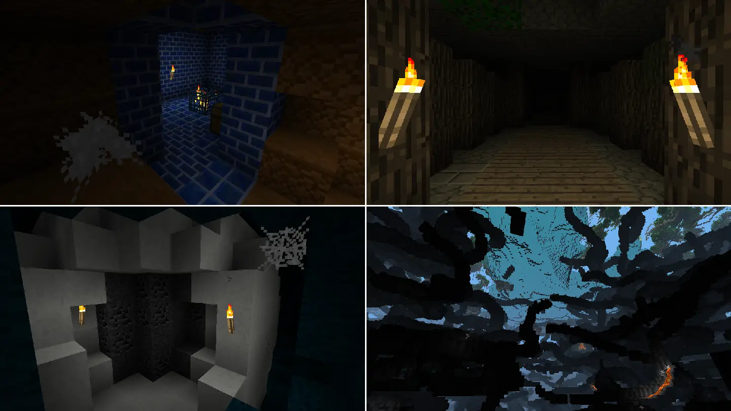 Screenshots showing a new dungeon pallet, a humid labyrinth, geode, and the increased cave generaion rate.