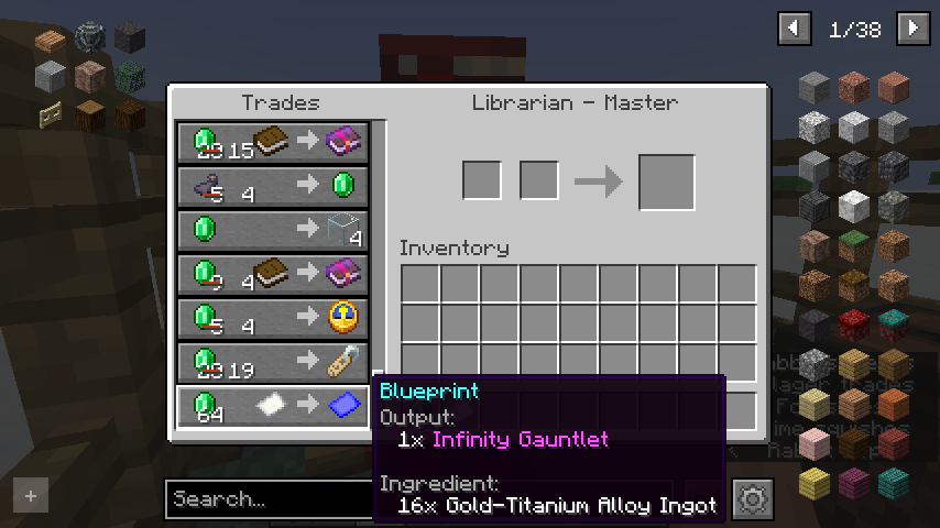 Describes a trade by a level 5 librarian providing the infinity gauntlet blueprint for 64 emeralds and a paper.