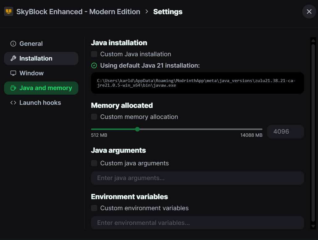 Image of the Java and memory tab highlighted in green