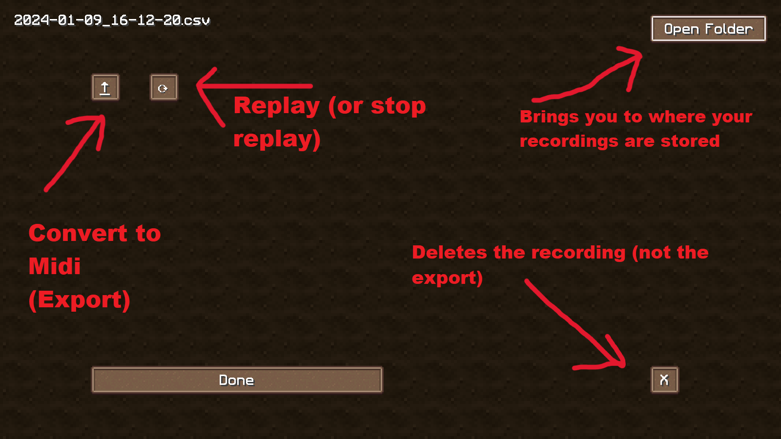 an image of the recording edit menu with arrows pointing at every button and explaining their function
