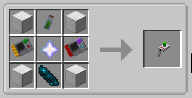Portal gun crafting recipe: Four Iron blocks in the corners, Portal Fluid Vial on the top, Dimension Module on the left, Location module on the right, Echo Shard on the bottom, and Nether Star in the middle