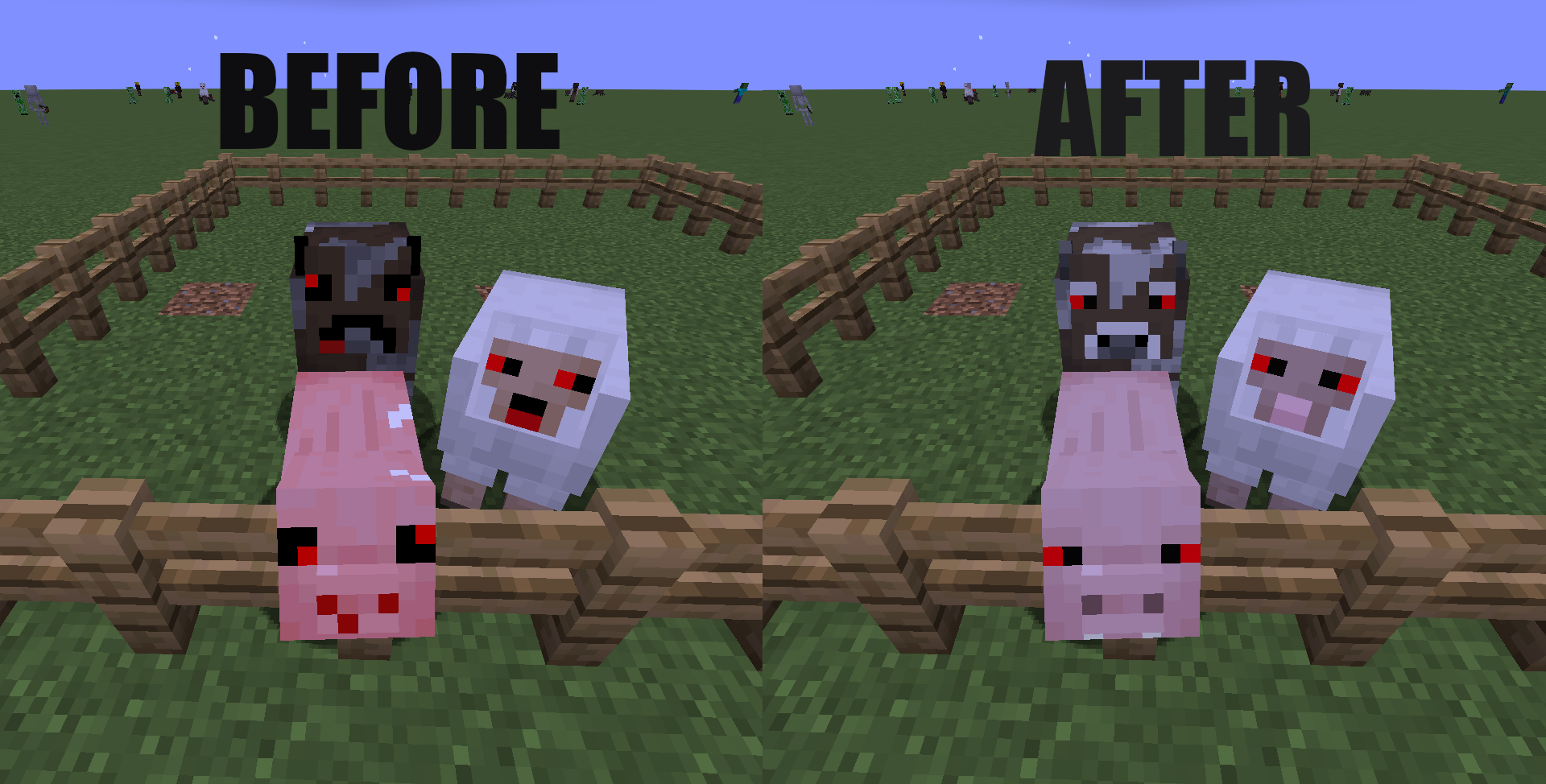 Comparison of two images with and without the resource pack labeled before and after, showing a cow, a pig and a sheep looking in a fenced area looking at the camera.
