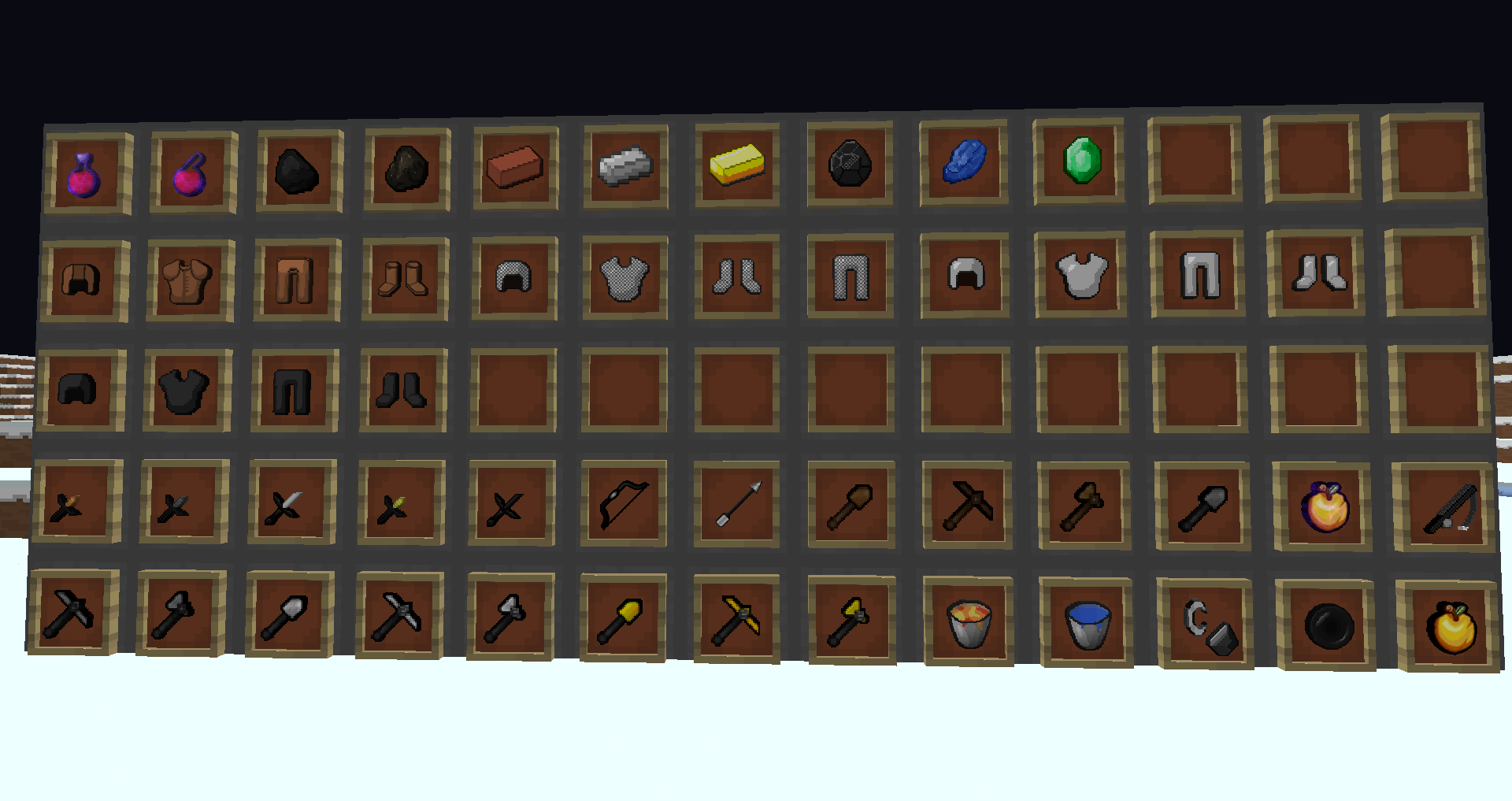Potions, Minerals, Armors, Tools, and Weapons