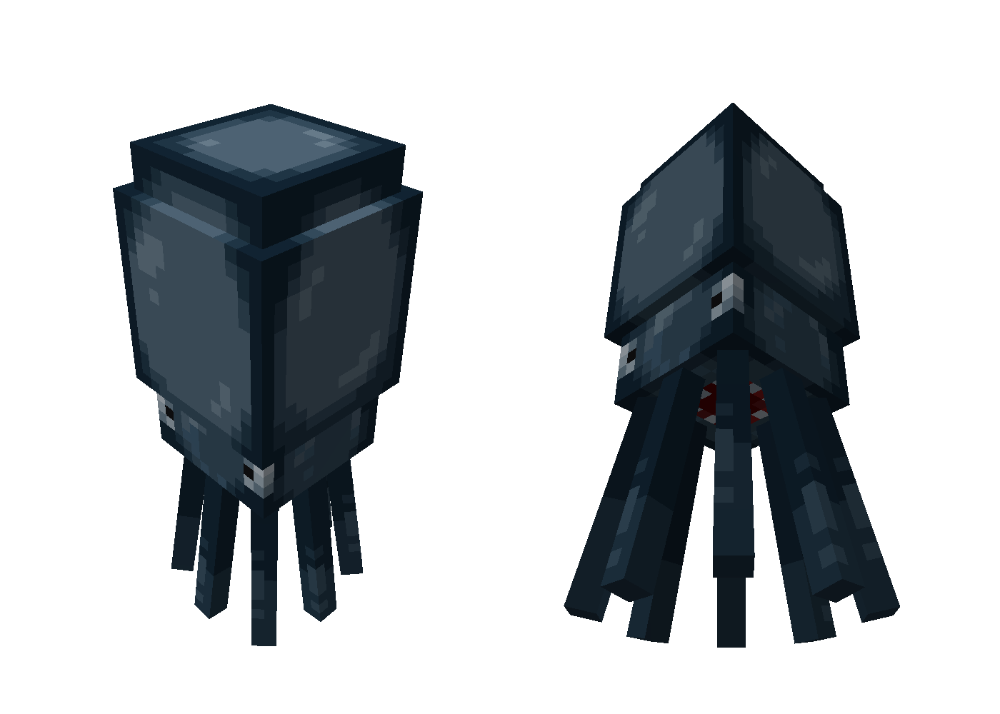 Two images of a squid. The first was taken from an overhead angle while the second is from a below-tentacle angle. The 'Slightly Squidier' resource pack has been applied.