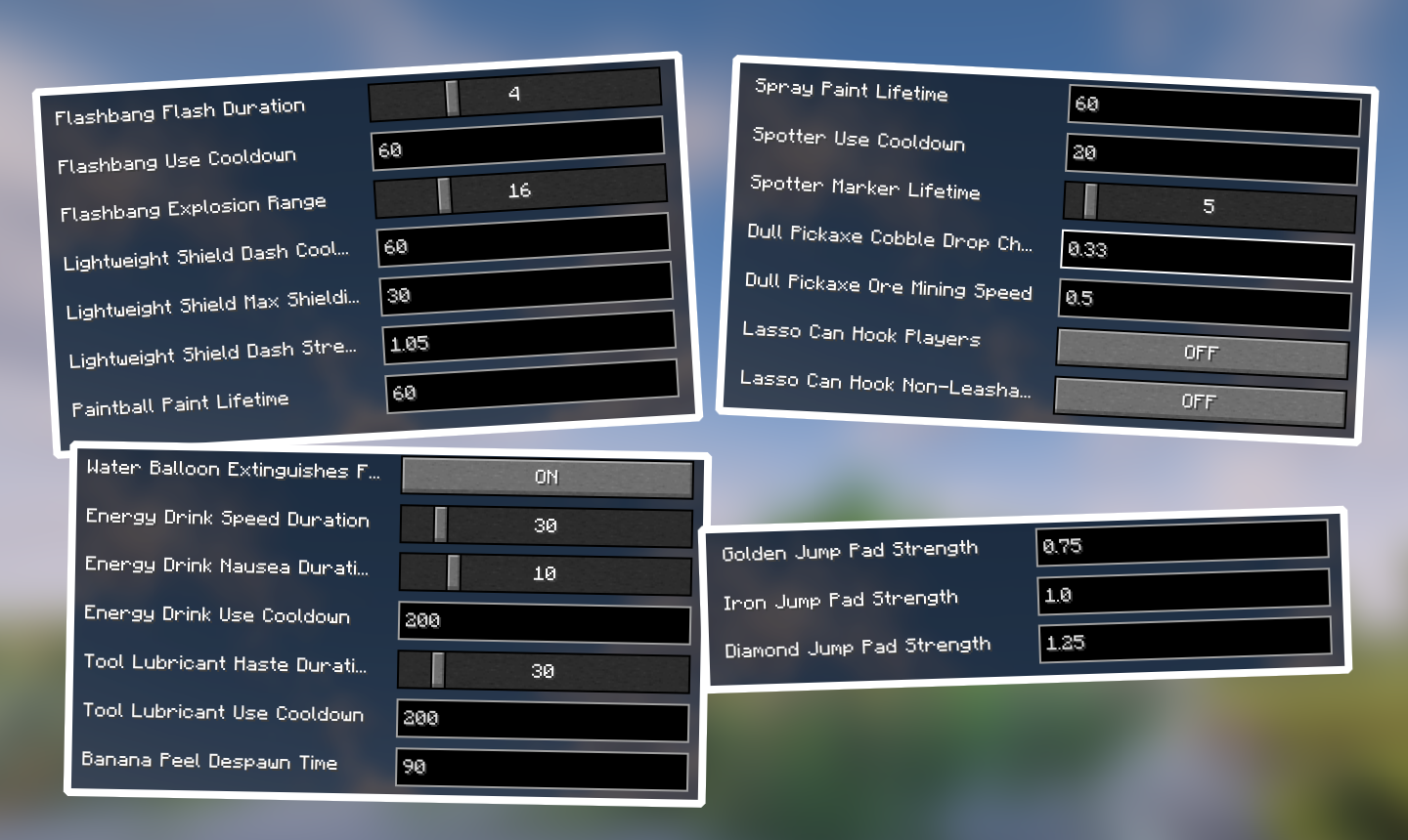 Image of the Mod's configuration, as of version 1.0. This includes tools, weapon, consumable item, and block configuration, such as Flashbang's duration, Spray paint's lifetime, Lasso's ability to hook players or not, Energy Drink's haste duration, and many more.