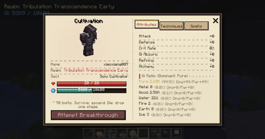 Player Cultivation Panel - Stats Tab