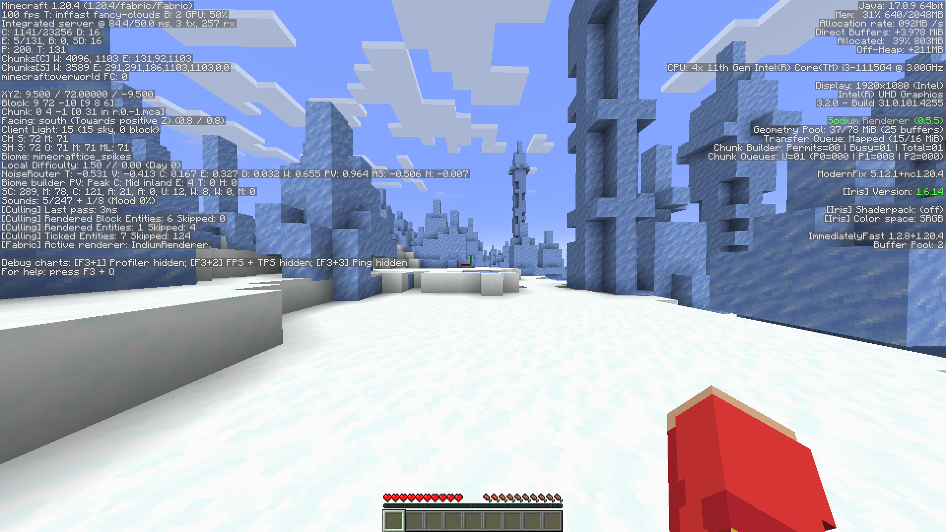 Screenshot of Cranked Minecraft taken at spawn in a new world. F3 menu is displaying 100 fps.