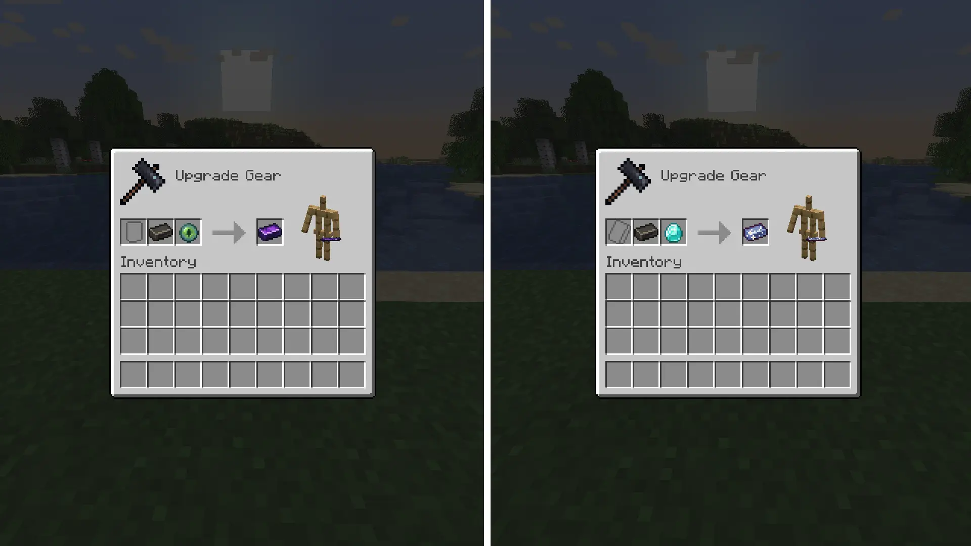 Inside a smithing table showing a meteoric ingot combined with an eye of ender to make void steel, and a meteoric ingot combined with a diamond to make starfall alloy.