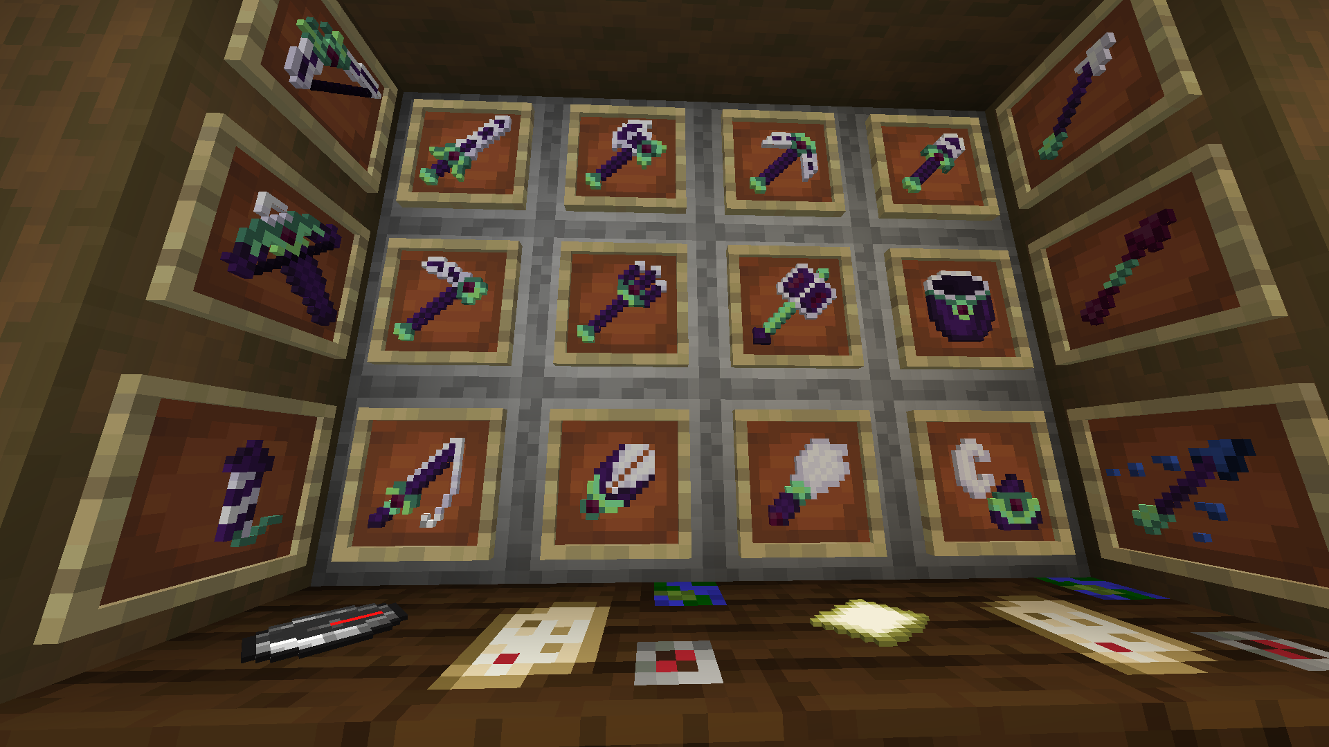 A shelf of tools that look super cool and purple