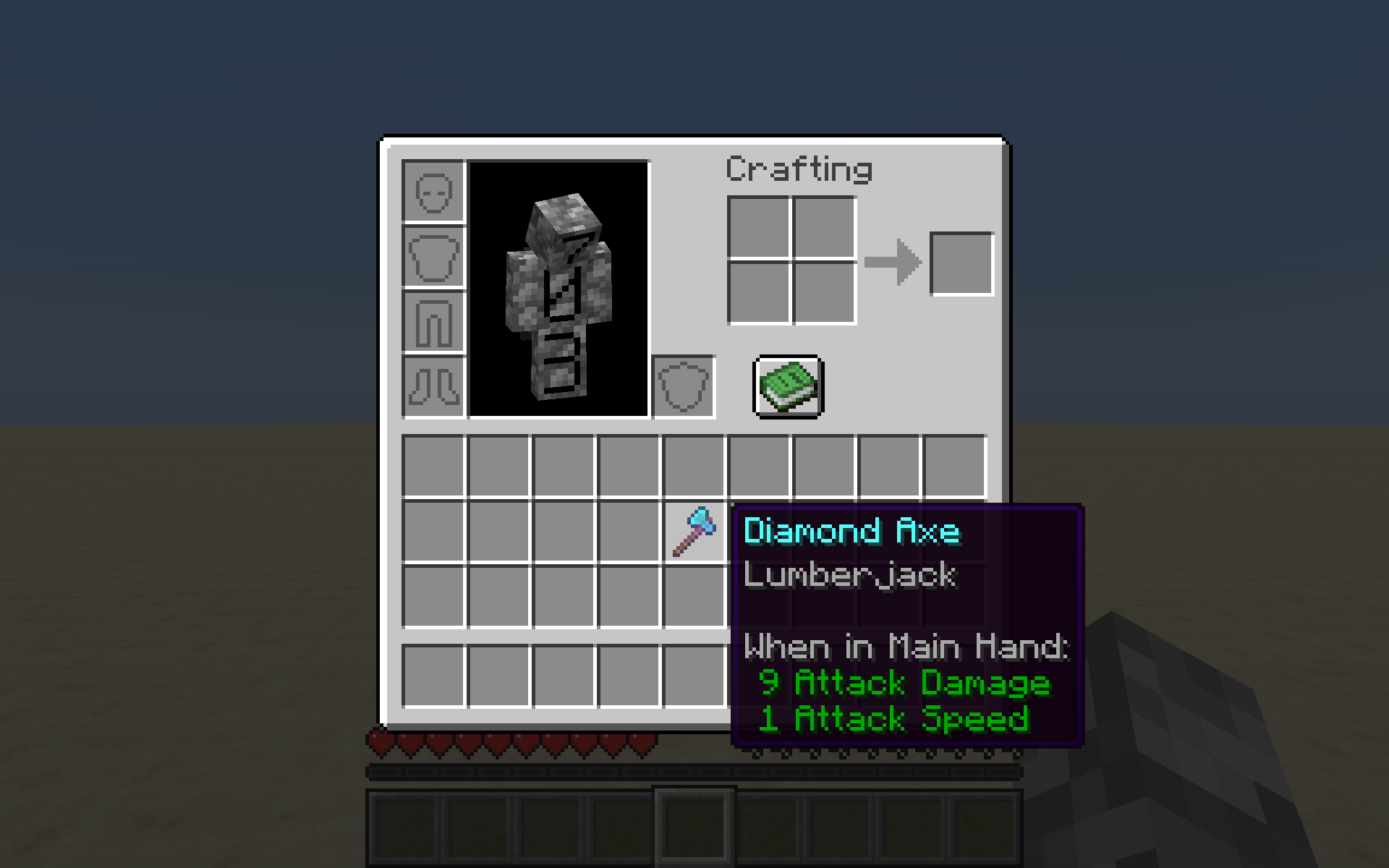 An enchanted pickaxe with the "Lumberjack" enchantment.