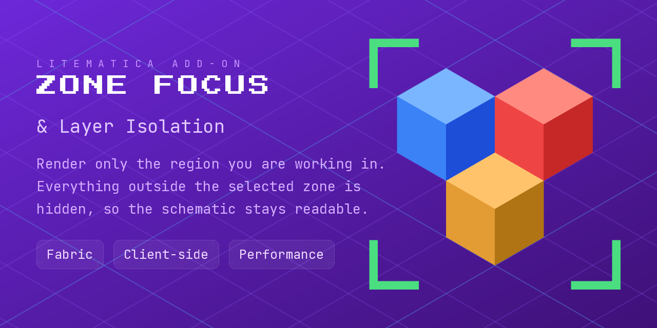 Litematica Zone Focus — a placed schematic split into numbered build zones