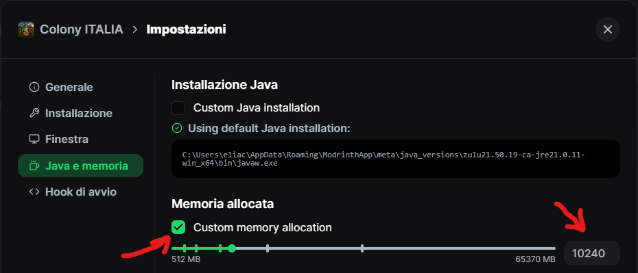 Ricordate di allocare 10240 Mb di memoria
