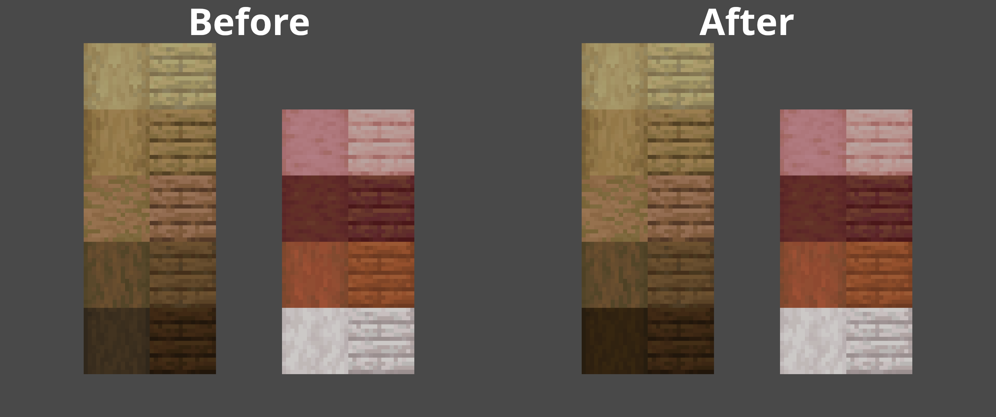 Before and after Image of several Stripped Logs with their planks the Stripped Dark Oak Log looks more saturated and darker on the after side which is on the right side