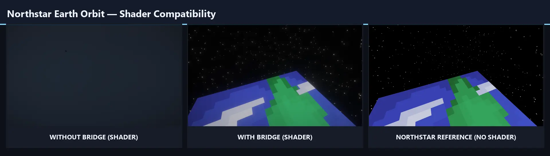 Northstar Earth Orbit shader compatibility comparison