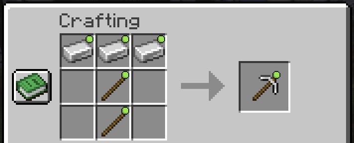 Uncommon ingredients are used to craft an uncommon pickaxe in the crafting table.
