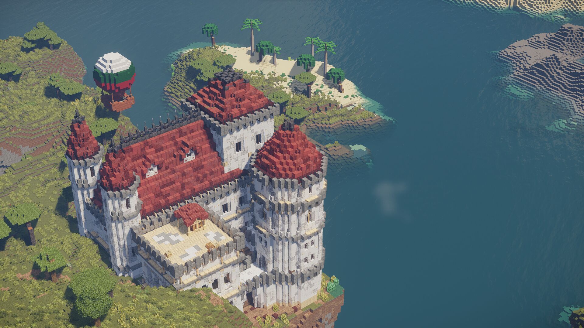 A zoomed-in isometric screenshot of a giant castle and a balloon