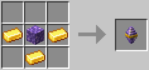 Crafting recipe for amethyst beacon, a block of amethyst in the middle with 3 gold ingots surrounding it like a bucket.