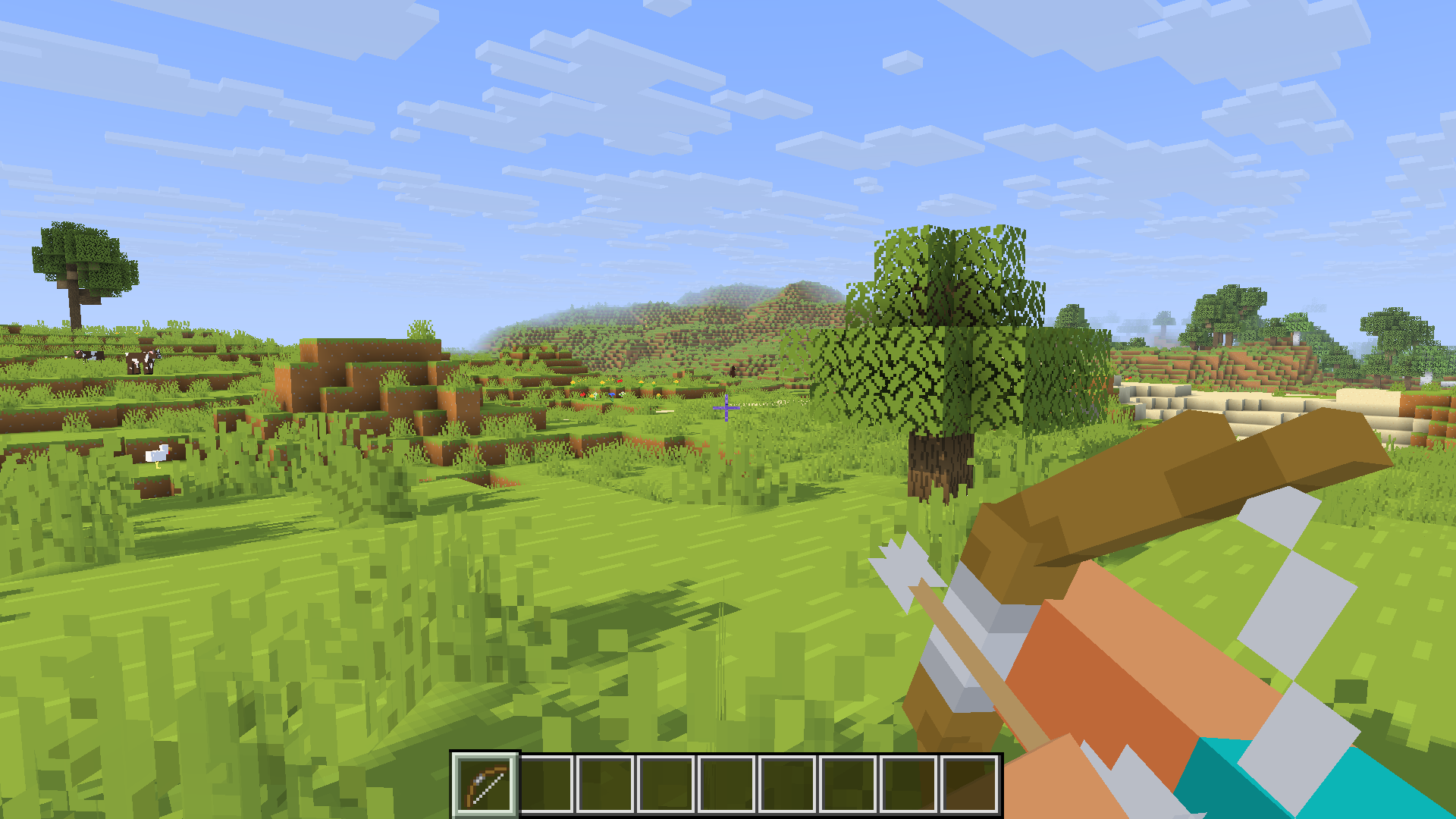 Player drawing a 3D bow in a plains biome
