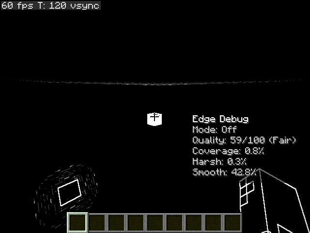 example image of the black-and-white edge detection debug overlay with stats in the corner