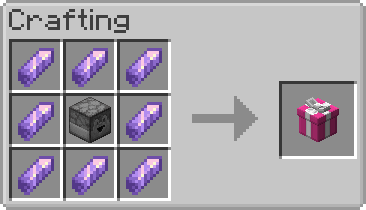 The Gift Box Recipe showcases a 3x3 crafting grid with a dropper in the center surrounded by eight amethyst shards.