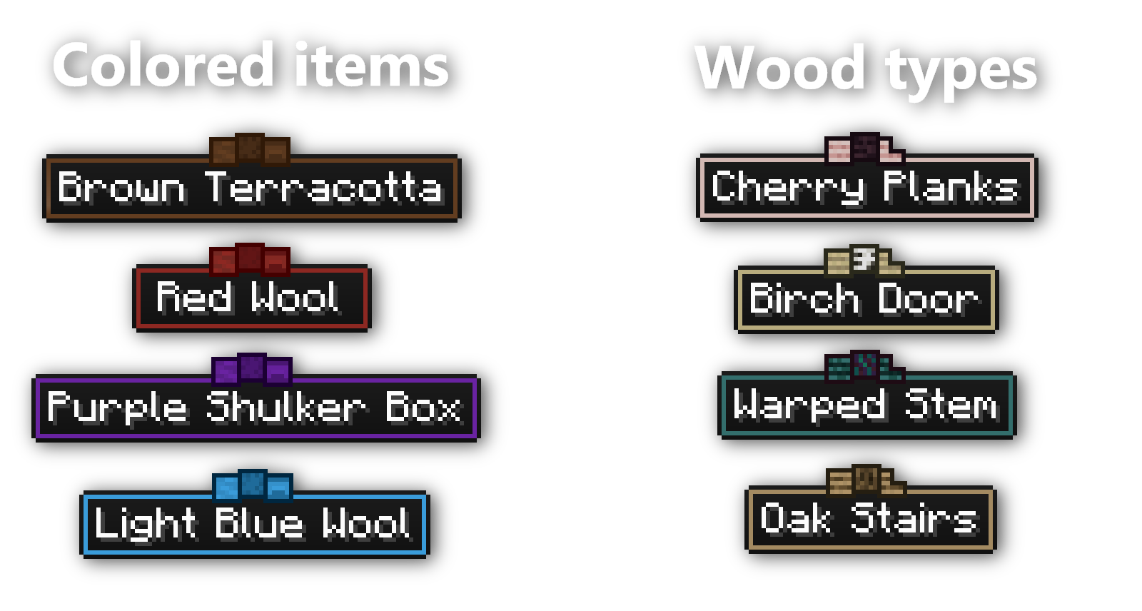 showcase of tooltips for colored items and wood types