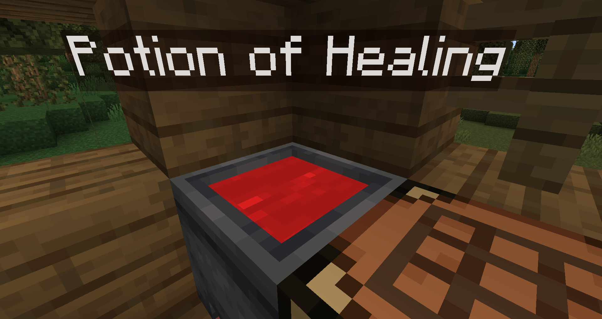A Cauldron in a witches hut containing a strength potion.