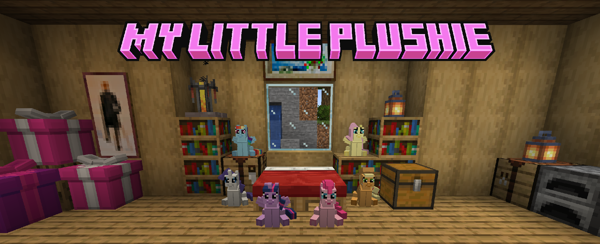 A room with a red double-bed at the center is surrounded by plushies, from left to right: Rainbow Dash, Rarity, Twilight Sparkle, Pinkie Pie, Applejack, and Fluttershy. Above is a large, pink "MY LITTLE PLUSHIE" logo.