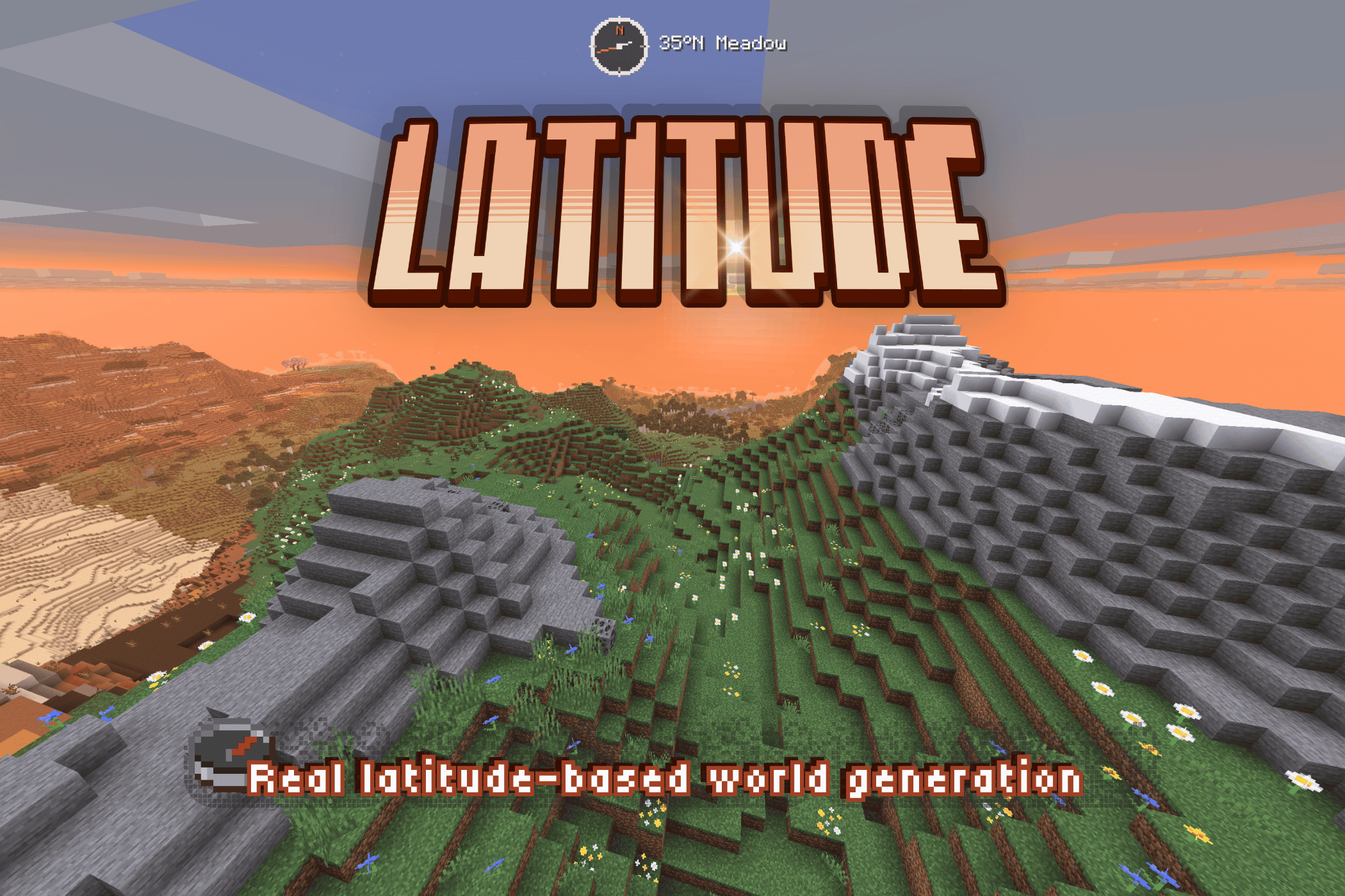 A landscape image of a Minecraft mod banner with the title LATITUDE written in large, stylized orange and yellow letters across the top center. Below the title, the tagline reads Real latitude-based world generation in white text. A HUD element at the top center shows an icon with 35°N Meadow. The background displays a grassy valley stepping up to a blocky, snow-capped mountain ridge against a warm sunset sky.