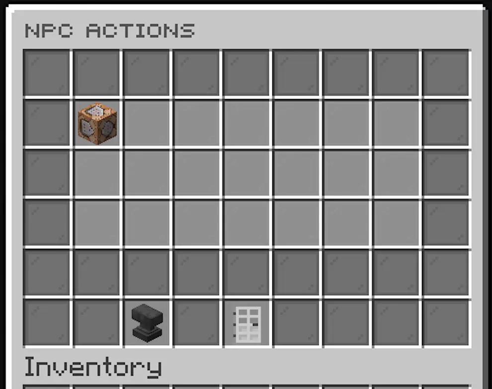 Action list showing command, message, sound, wait, permission, random, and movement actions