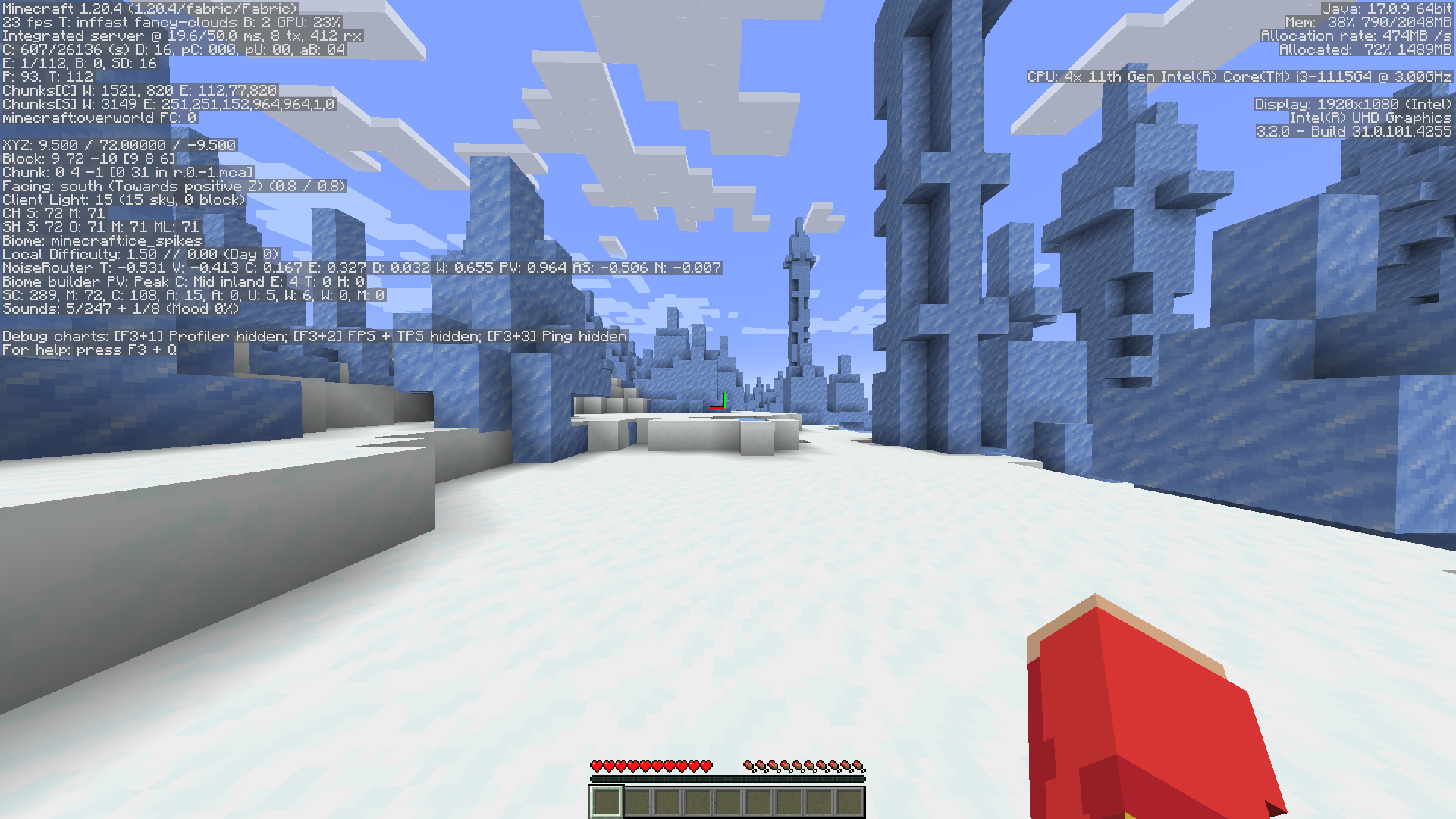 Screenshot of Vanilla Minecraft taken at spawn in a new world. F3 menu is displaying 23 fps.