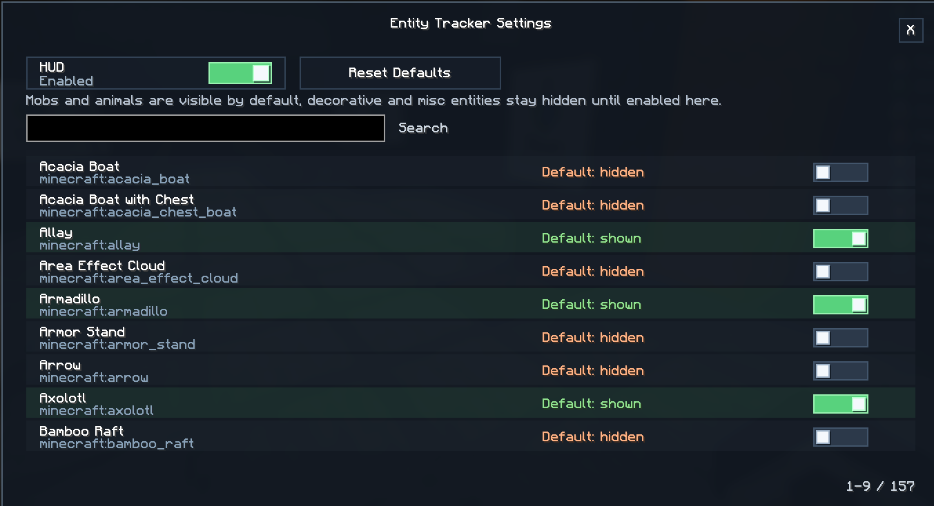 Entity hud settings screen