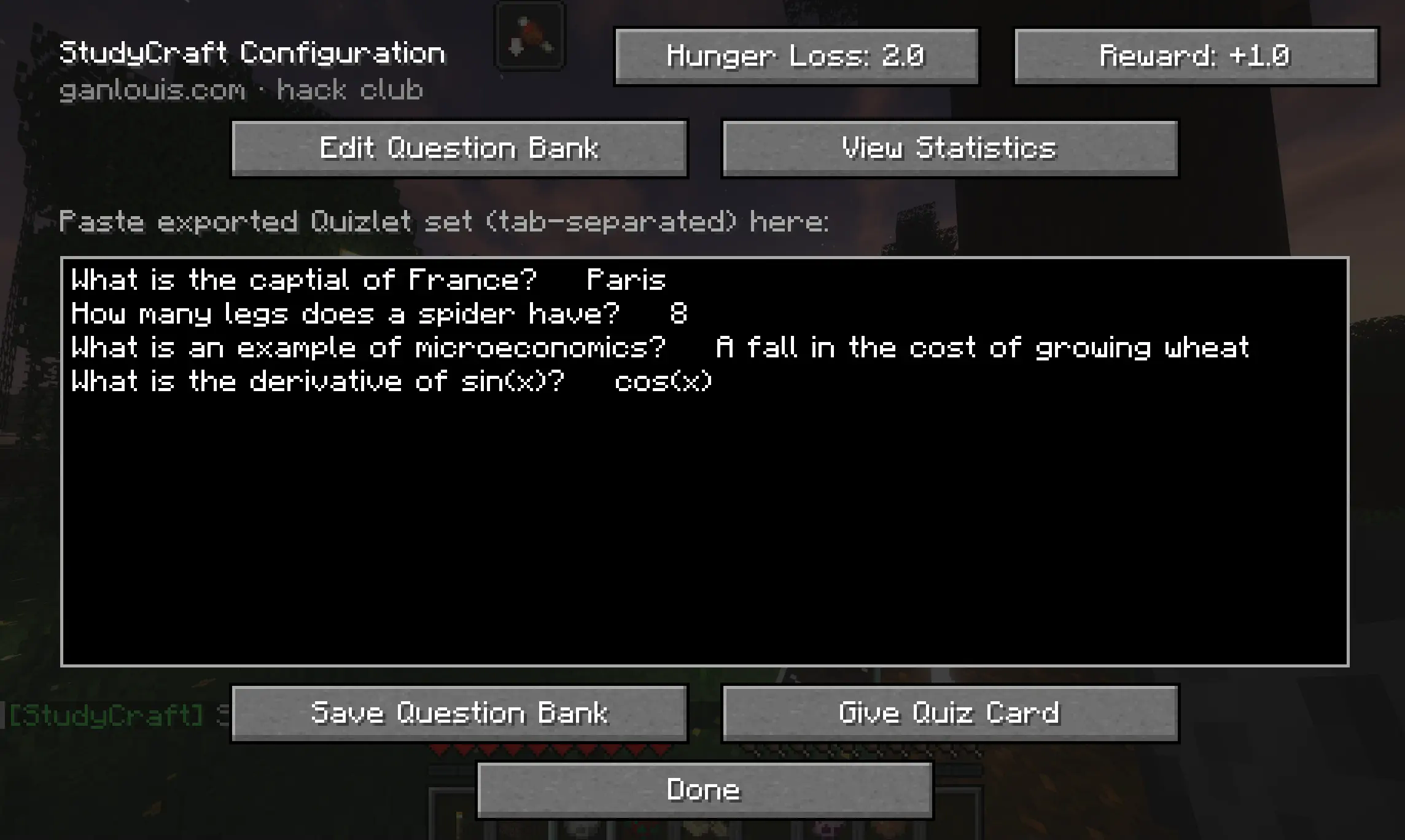 Configuration screen