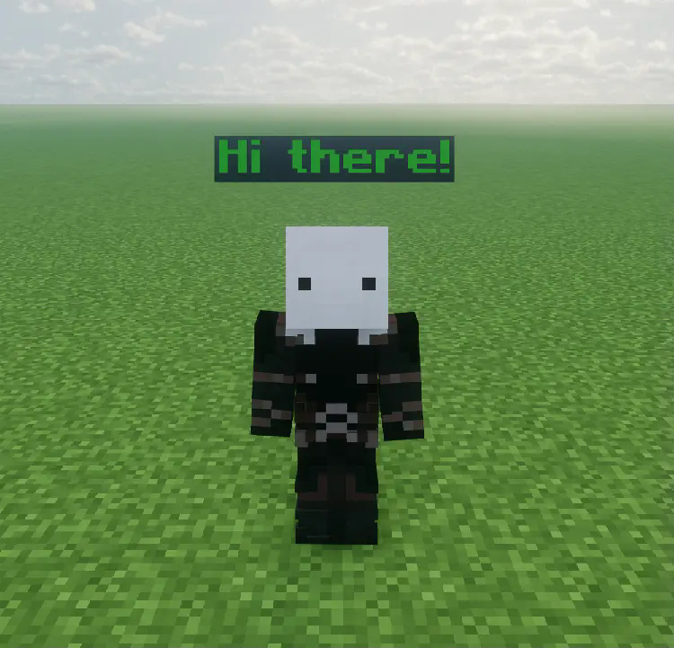 Result of the previous action is a bold lime nametag above the player's head with the text "Hi there!".