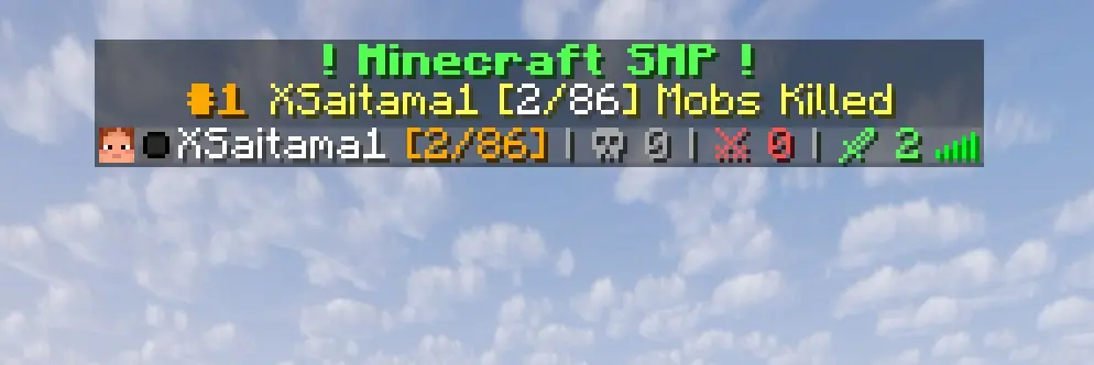 The Image shows the tab menu with the player info and mobs killed