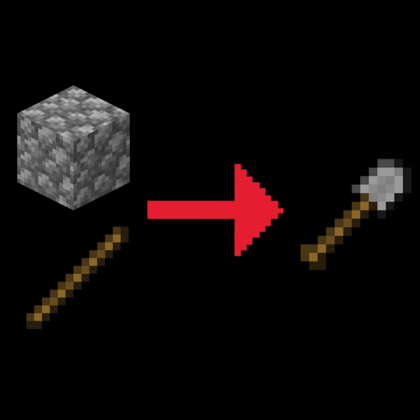 Icon for the Simple Tools mod, showing a cobblestone block above a stick on the left, with a red arrow in the center pointing towards a stone shovel on the right.