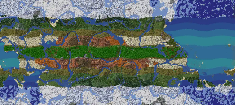 An example of generation of a world divided into bands of biomes miniaturized to fit in the map