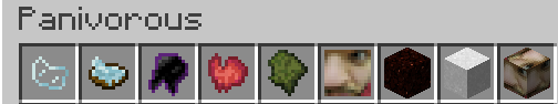 Modded food items obtainable through the Creative menu or by crafting. In order, the listings include a glass shard, a bowl of glass, a strange purple and black slop, a reddish mass, a PNG of someone's face, a weirdly coloured granite block, a block of sugar, and a block of the face from before.