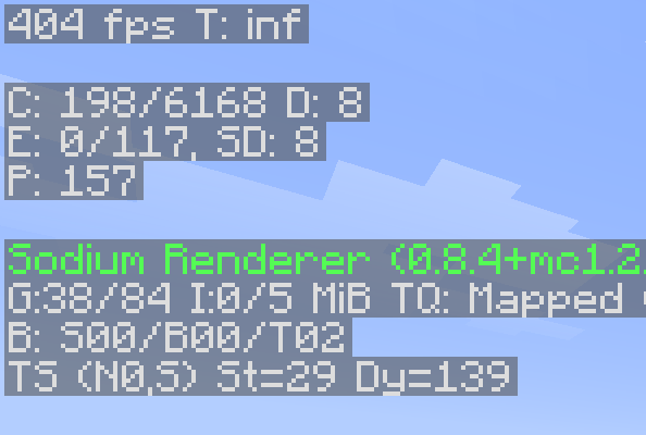 a screenshot of the f3 menu FPS counter while utilizing Joel's Optimizations