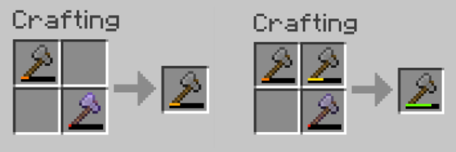 Two damaged stone axes on the crafting grid result in a repaired stone axe and three damaged stone axes result in a more repaired stone axe.