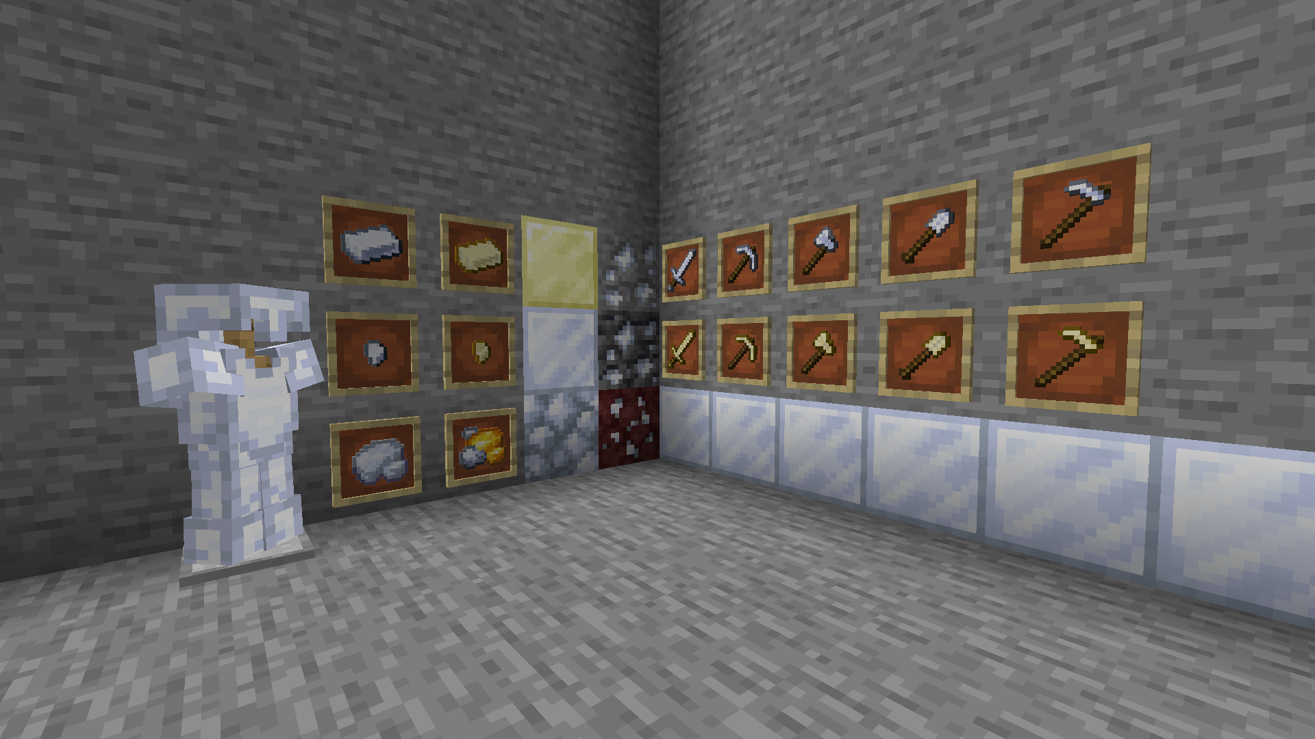 An image showing silver armor, silver and electrum tools, and other blocks and items included.