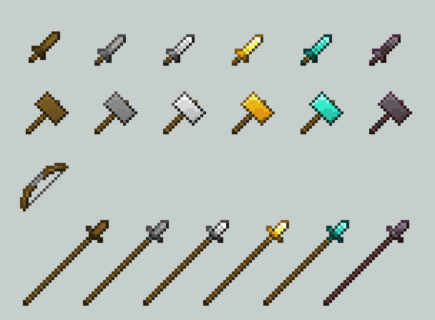 From the top: daggers, hammers, longbow, spears