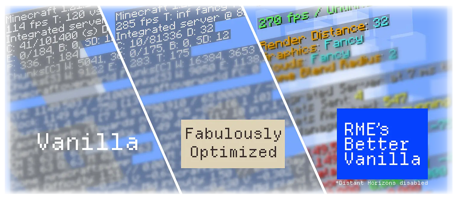 An image showing three fps counts, comparing Vanilla (114 fps), Fabulously Optimized (285 fps), and RME's Better Vanilla (270 fps)