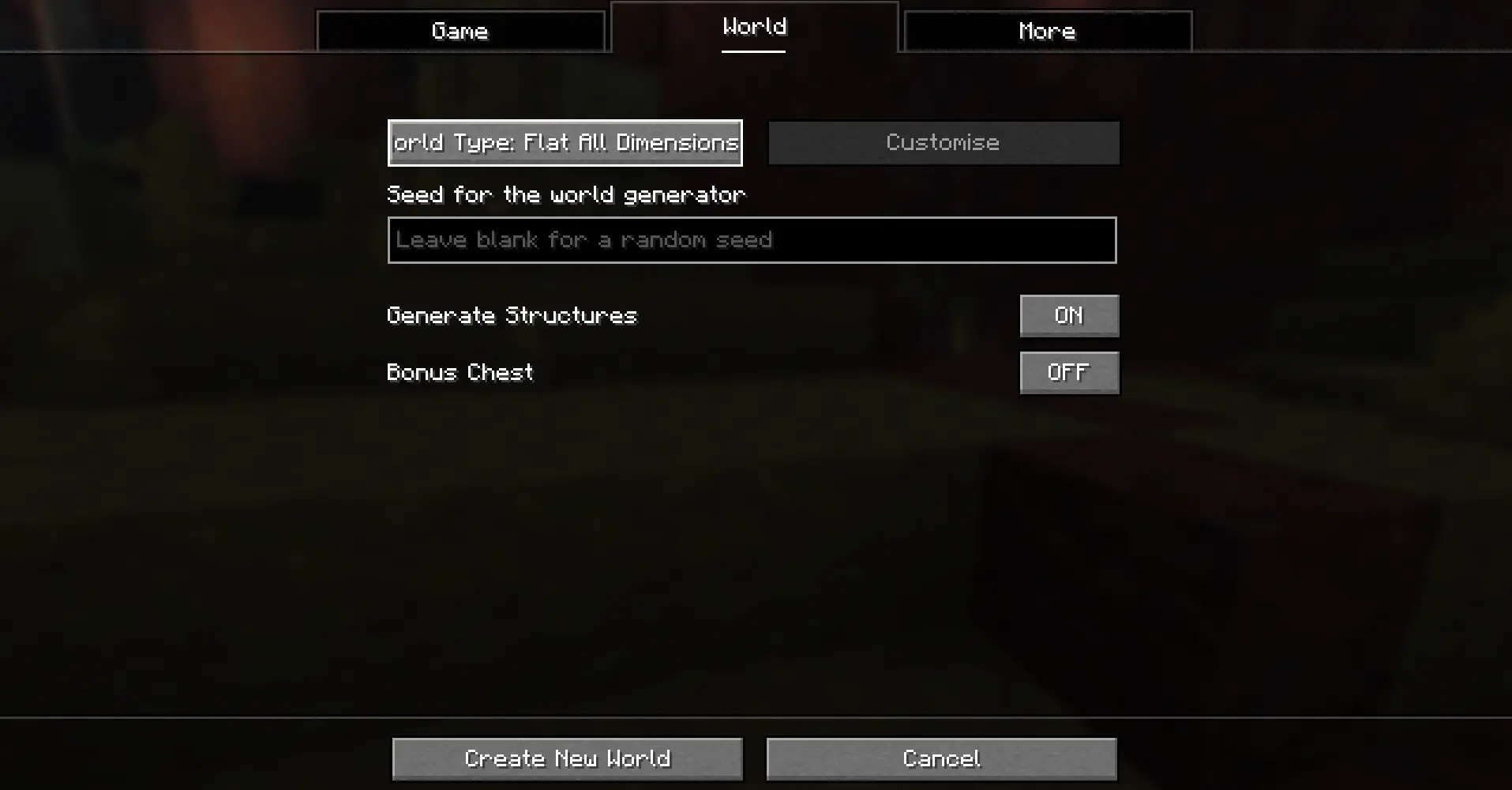 The World tab of the world creation screen, with 'Flat All Dimensions' selected