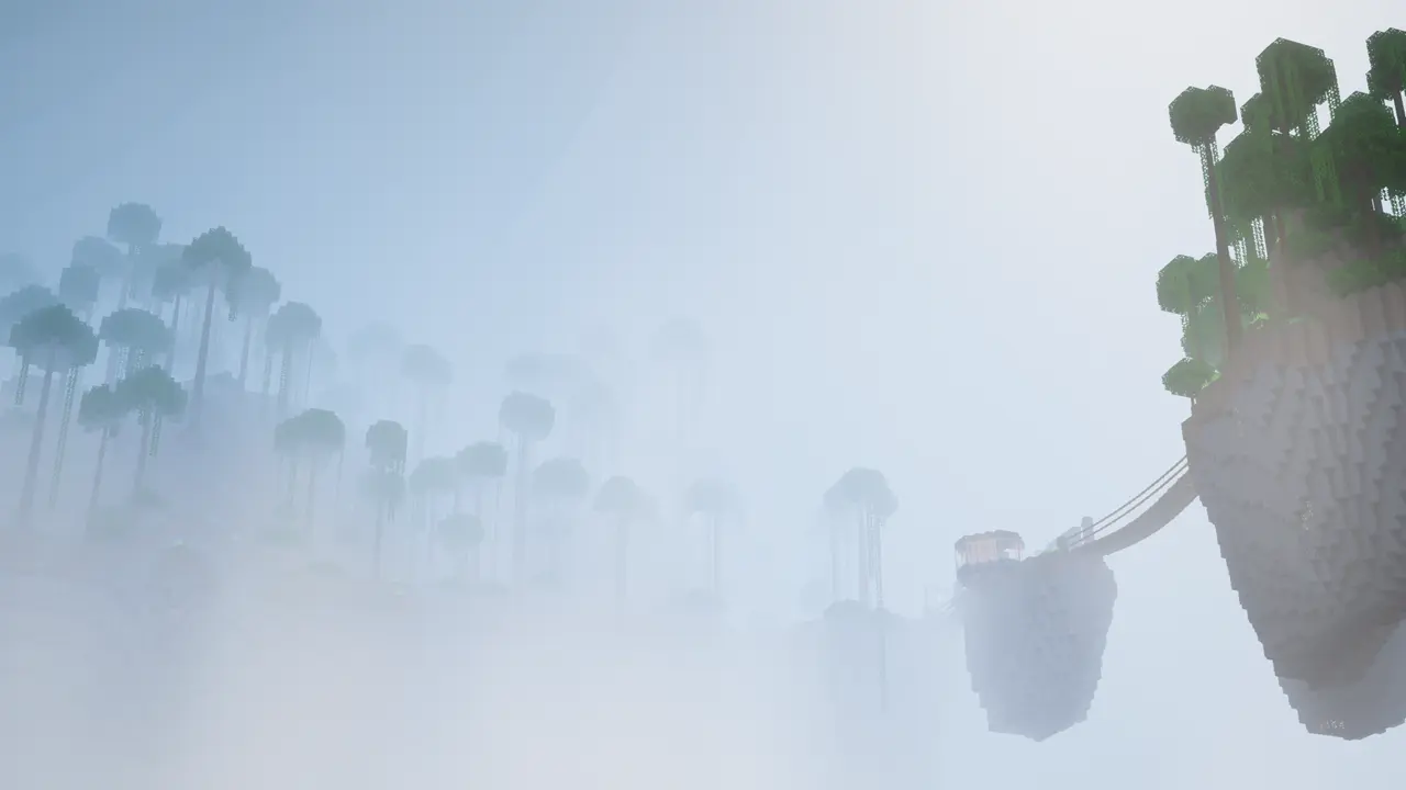 A screenshot of some floating islands, half concealed in the clouds.