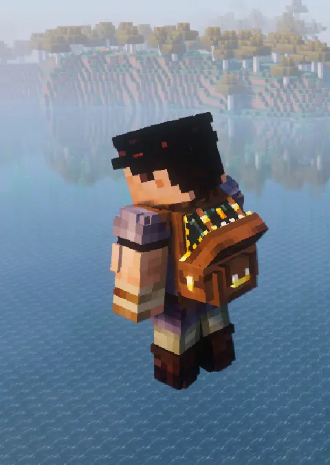 Screenshot showcasing the gold backpack, that has it's zipper opened showing an ender chest, that is used in it's crafting recipe