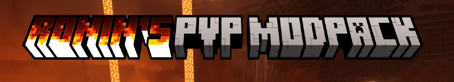 a minecraft title in minecraft's signature font displaying "RONIN'S PVP MODPACK"