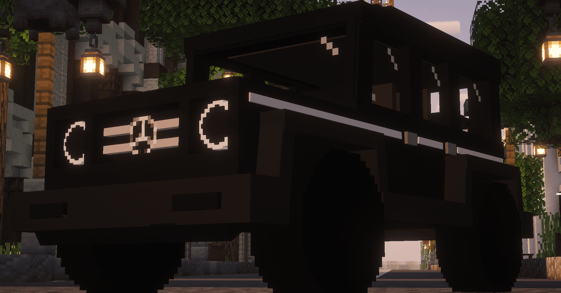 Screenshot of a modern G-Class style SUV vehicle from the mod standing on grass in a Minecraft world.