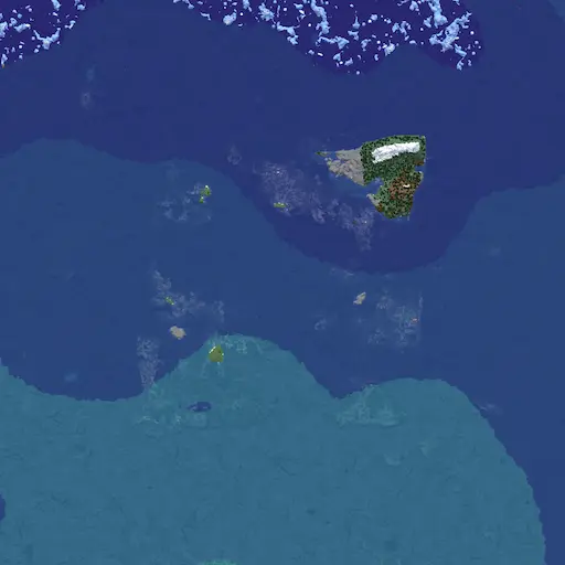An overhead screenshot of an ocean. Small islands litter the center, with a large island present in the top right corner.